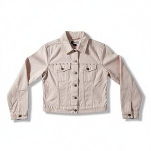 French Cuff Pink Denim Studded Rhinestone Trucker Jacket, Woman's Small